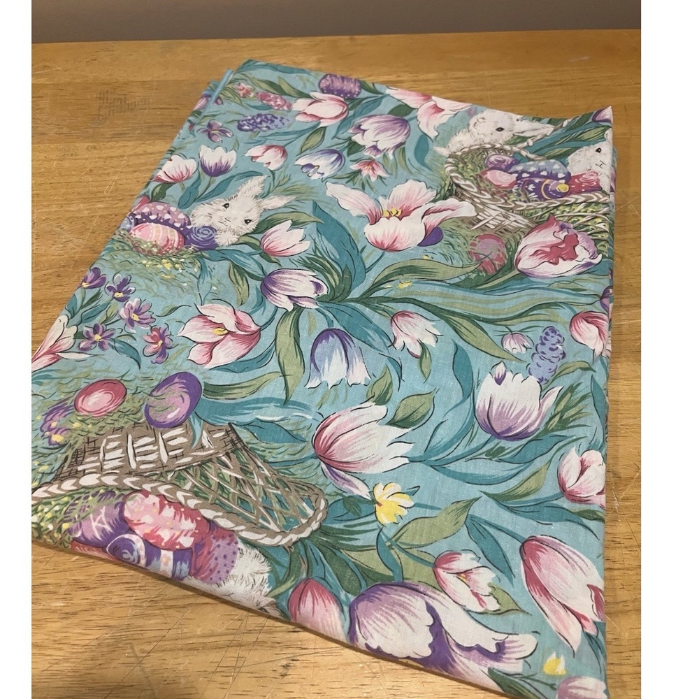 Vtg Easter Bunny Eggs Basket Floral Fabric Tablecloth 52x66" Granny Cottage Core